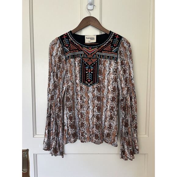 Savannah Jane Embroidered Blouse Womens Size Small Animal Print Boho NWT - Picture 1 of 9